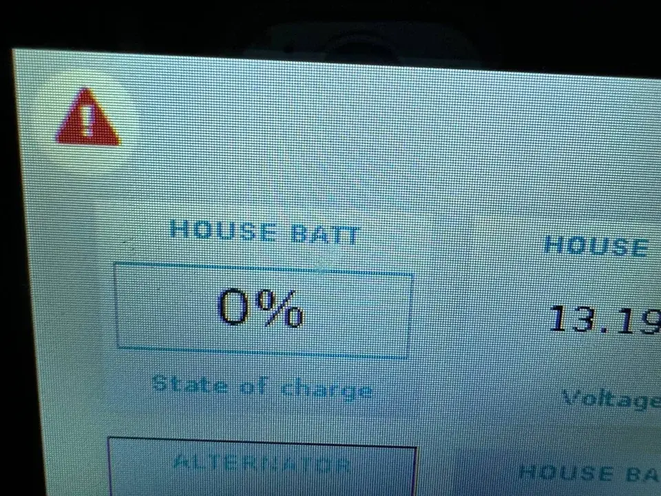 RV control display showing a warning symbol, house battery state of charge at 0 percent and a voltage reading.