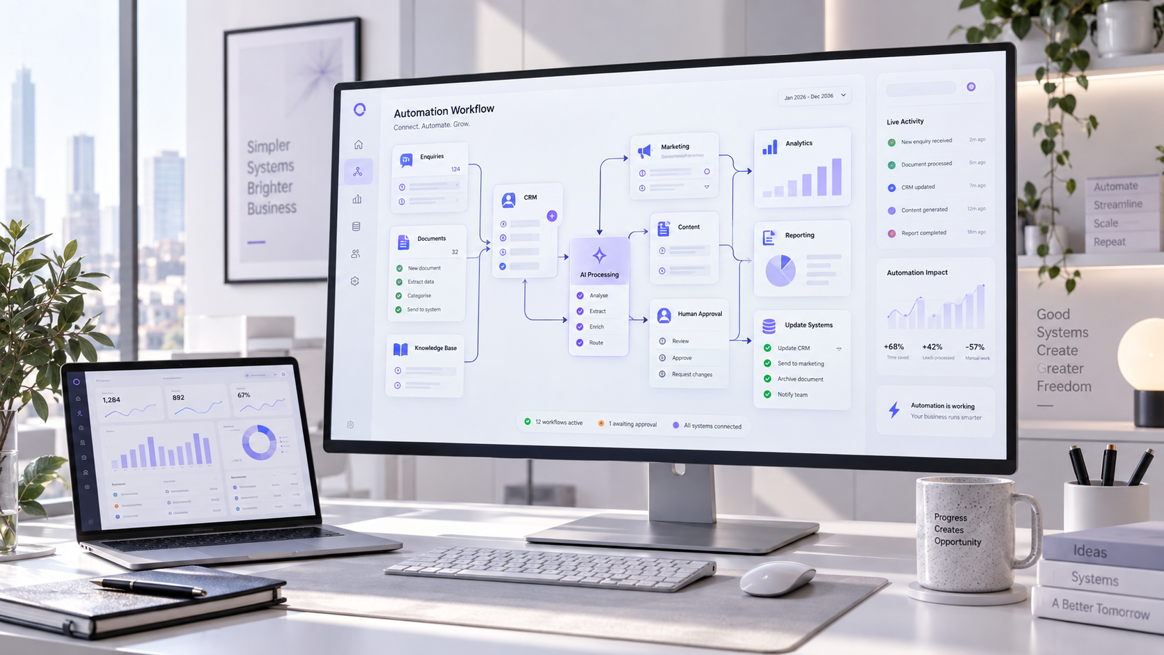Desktop automation workflow dashboard connecting enquiries, documents, CRM, marketing, content, reporting and human approval