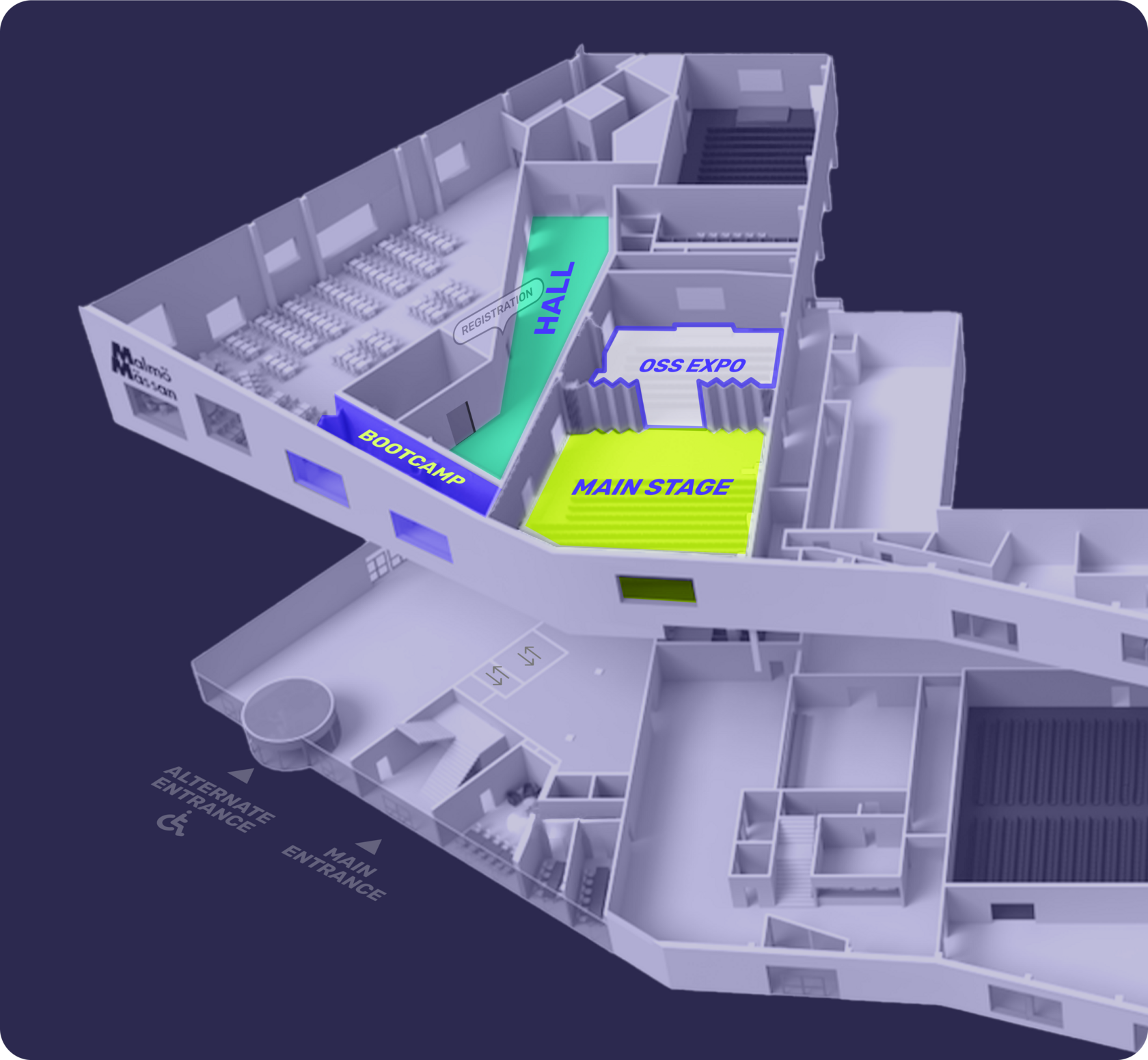 A plan of a building. The different areas are marked in different colors on the map.