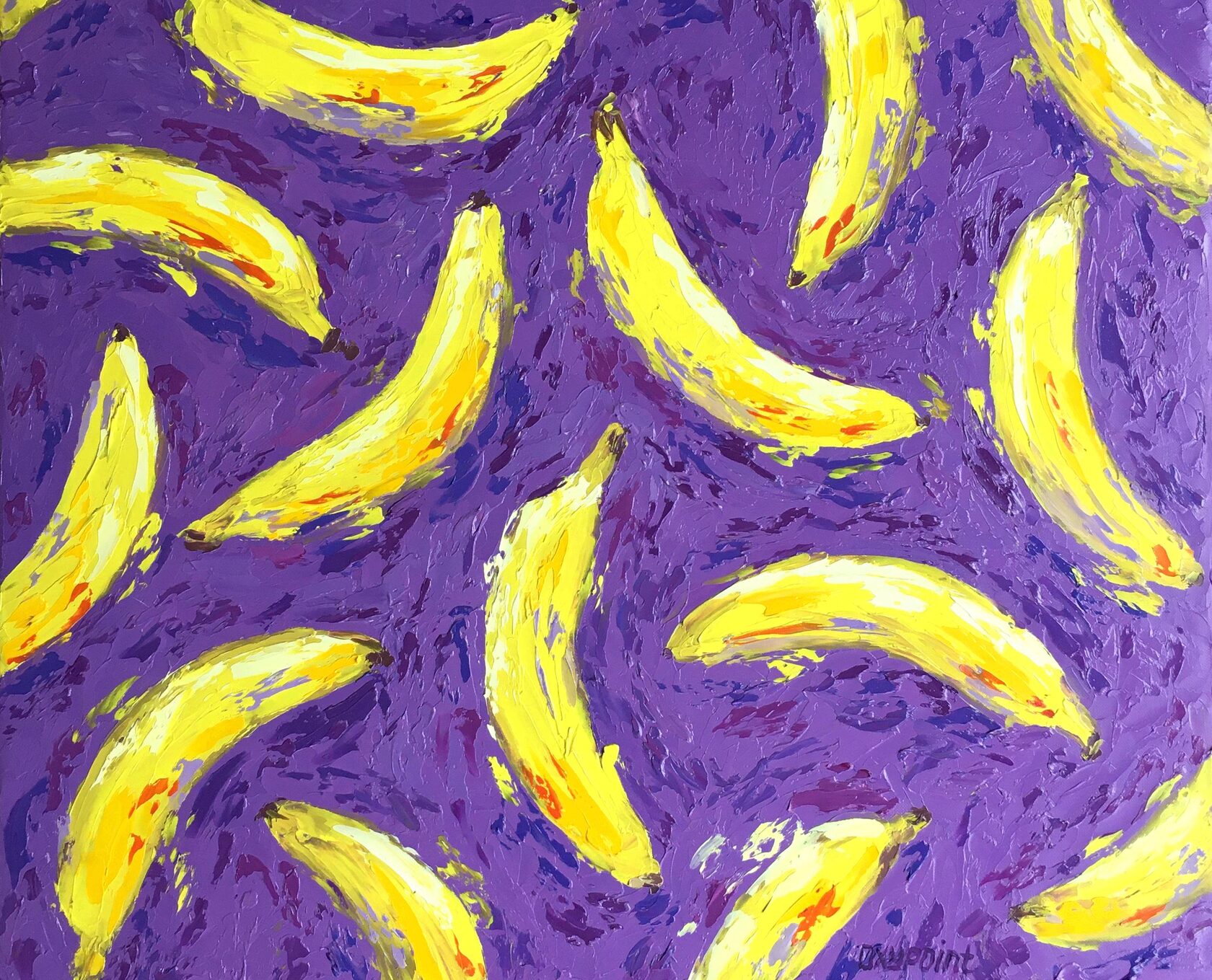 bananas oil painting, pop art, yellow and purple abstract art, banan knife painting, artist OXYPOINT Oxana Kravtsova, painting for sale 