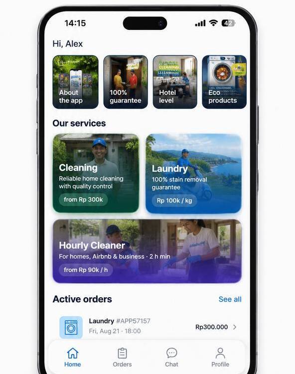 HomeBot app interface showing home services, cleaning, laundry, AC service, and more