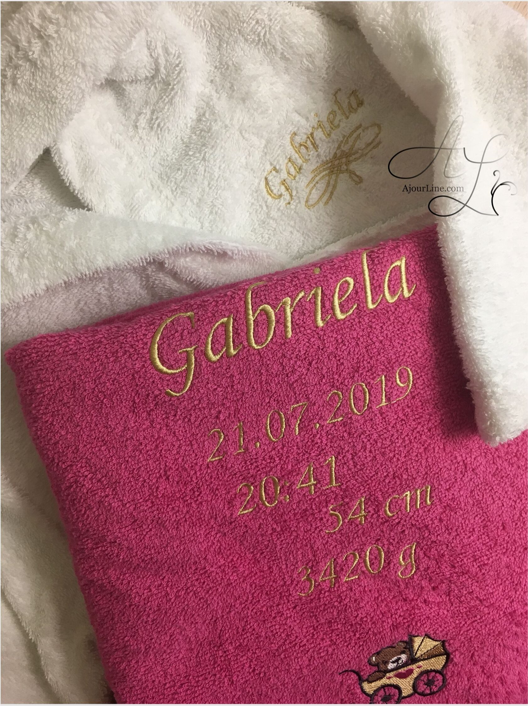 personalized newborn towel with birth stats embroidery a thoughtful and unique gift for babies and new parents. Handmade in Riga, Latvia. Worldwide shipping available.