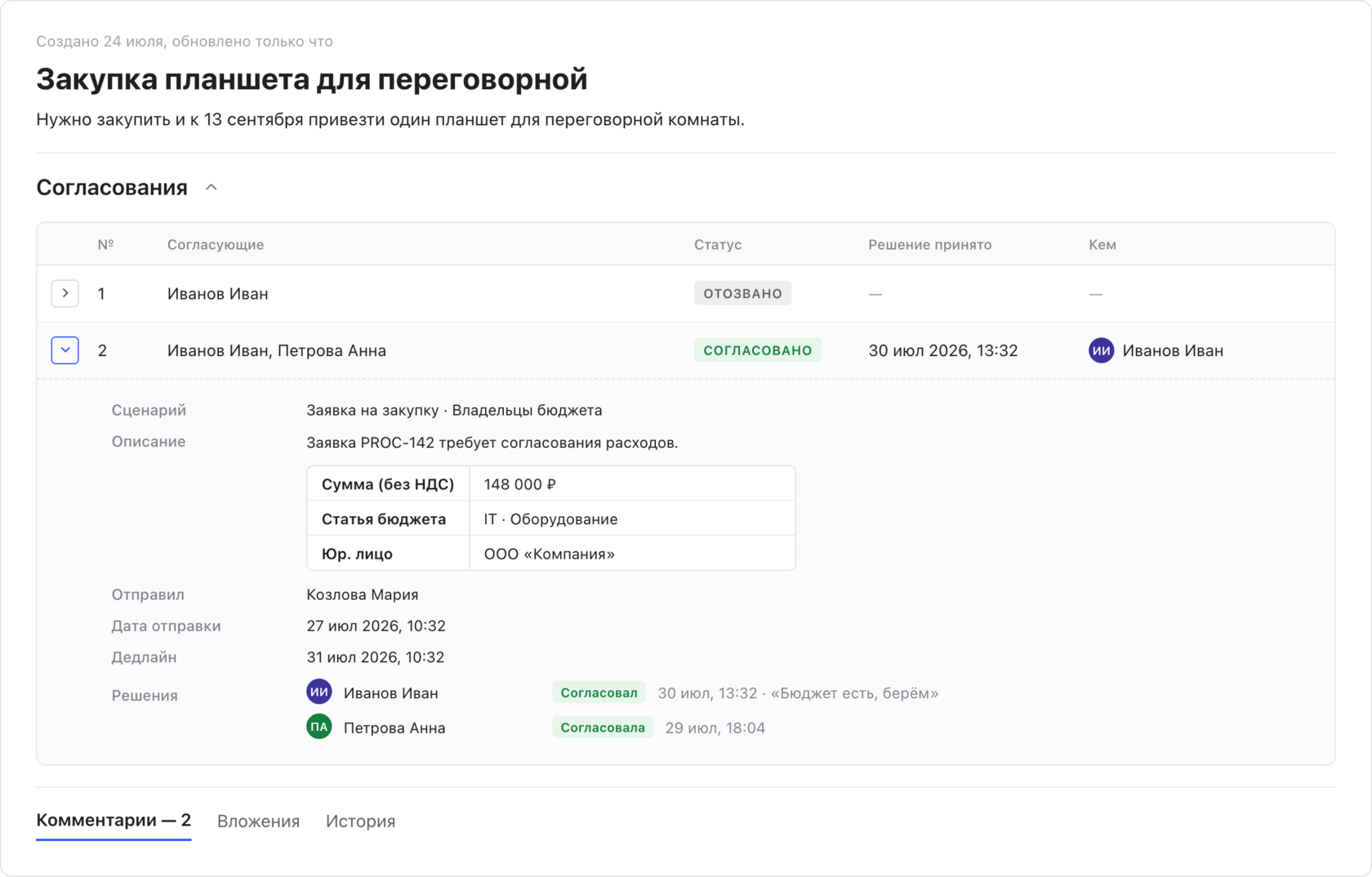 Форма отправки задачи на согласование: сценарий, согласующие и дедлайн