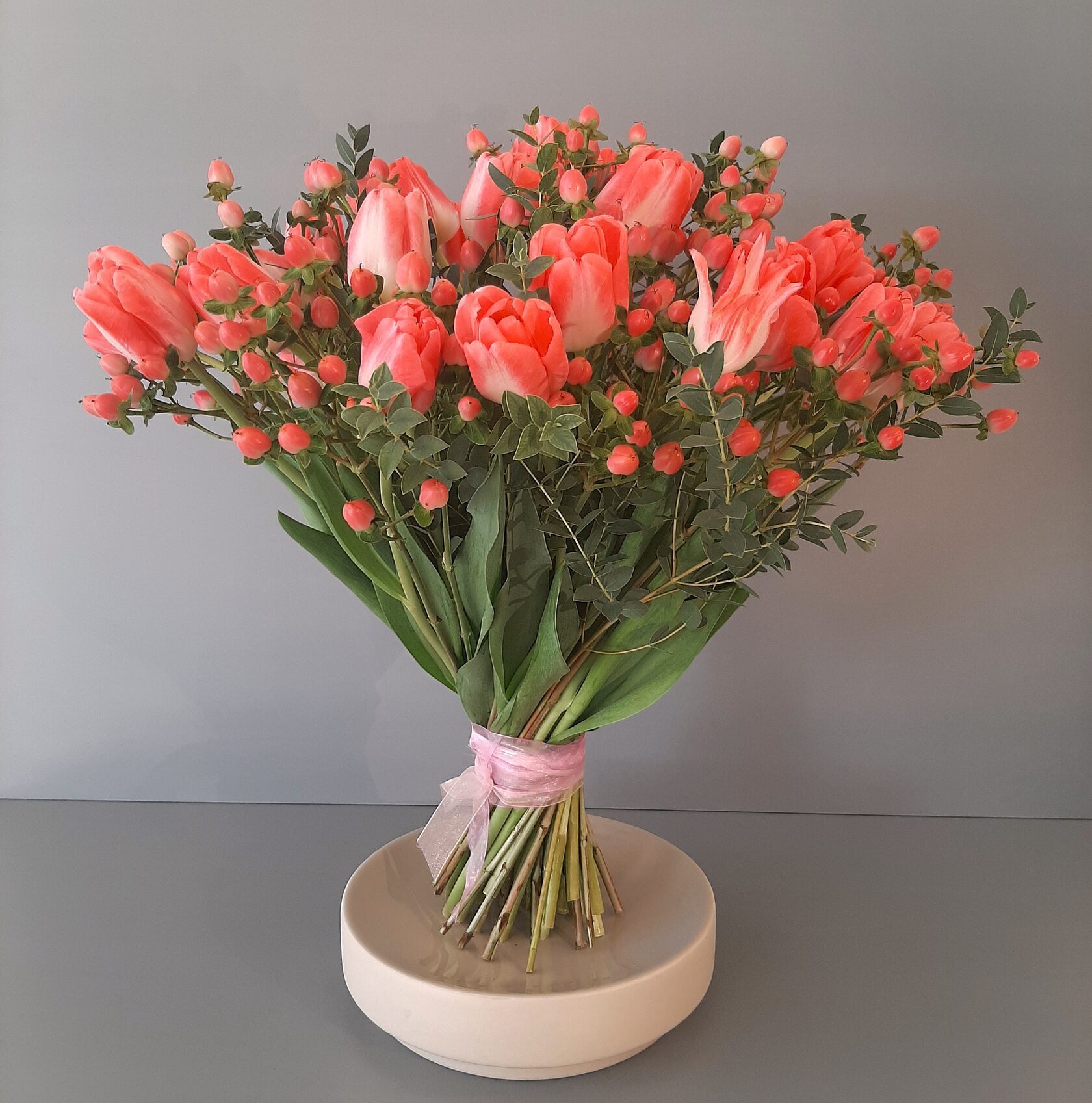 A bouquet of peach tulips