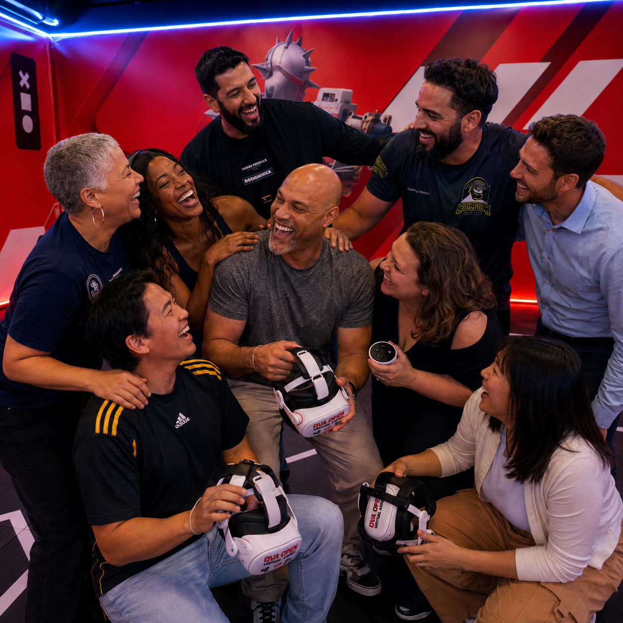 Equipe reunida e sorrindo depois de uma experiência de realidade virtual na OVA