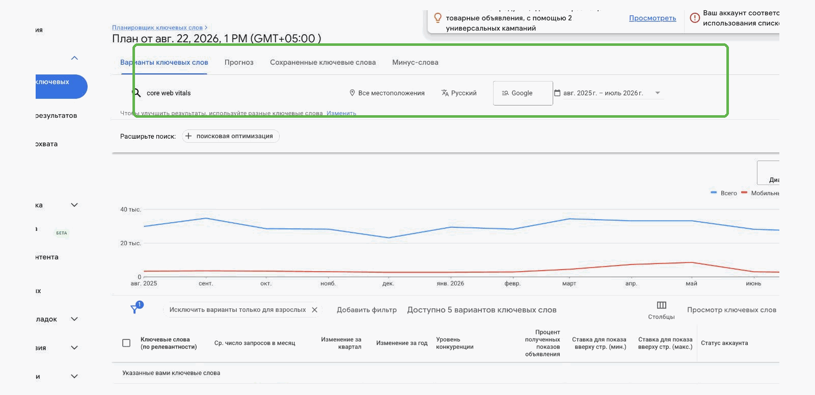 Настройки языка и местоположения в Планировщике ключевых слов Google