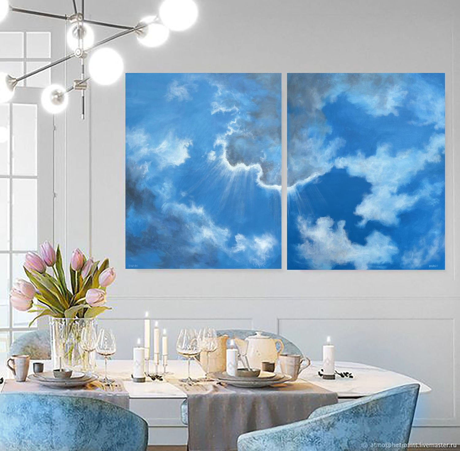 Acrylic painting White Clouds, Cloudscaps, Cloud, blue painting, diptych, painting for sale Oxana Kravtsova Oxypoint