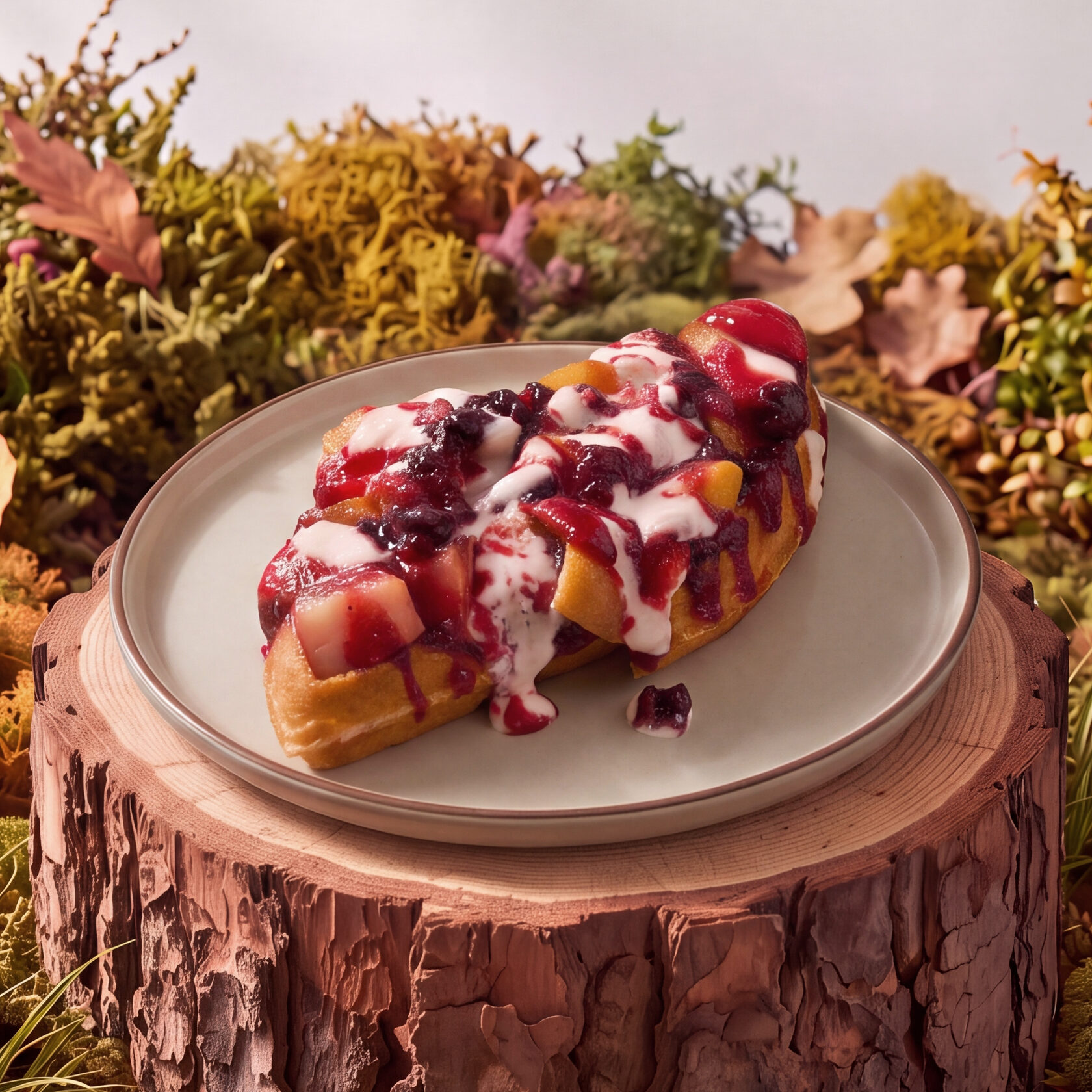 Seasonal pear and lingonberry waffle with cream