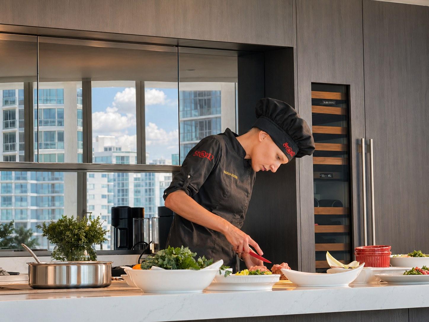 Private chef Marina Staver plating a course behind the counter in Miami