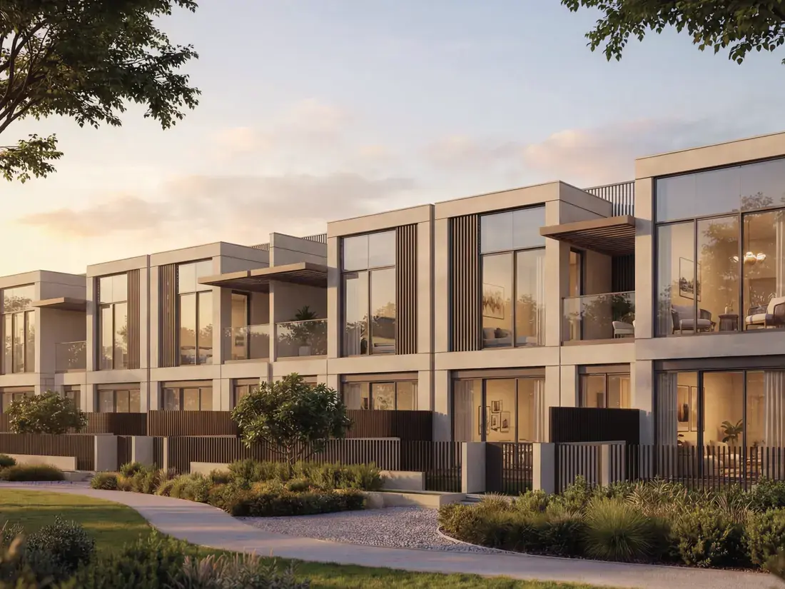 Sobha City Abu Dhabi townhouses at golden hour, Al Bahiya