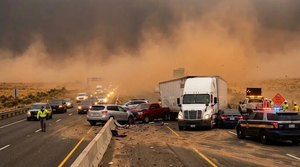 Heavy dust storm with reduced visibility impacting highway traffic and commercial trucks