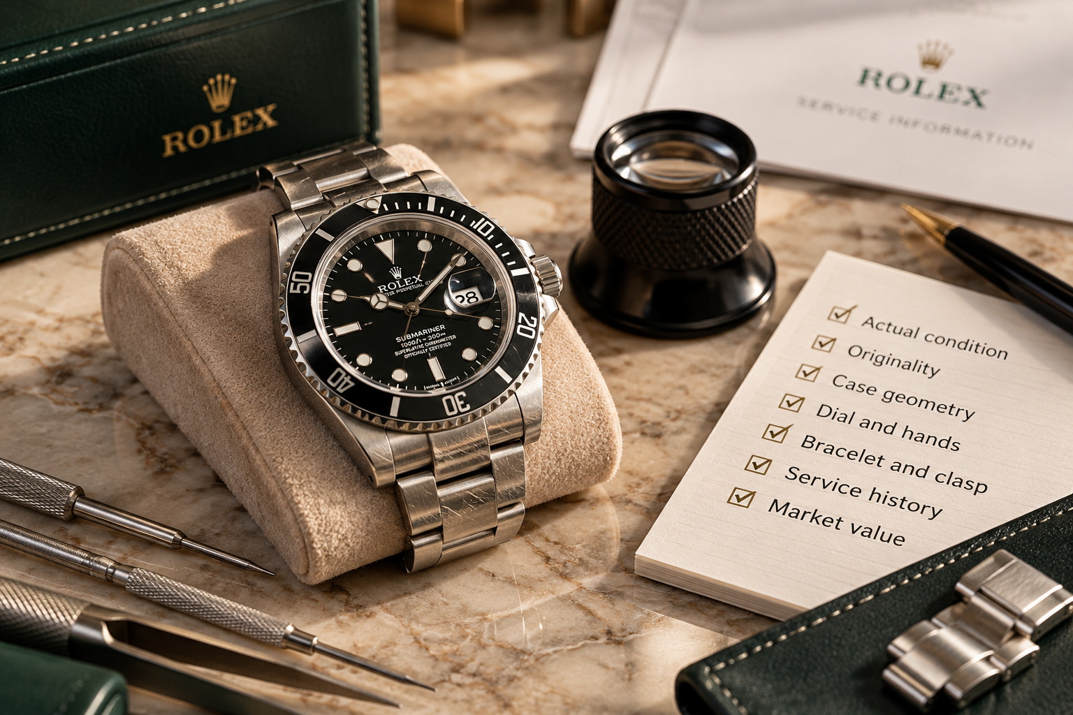Pre-owned Rolex inspected for actual condition, originality, case geometry, service history and market value before polishing or service