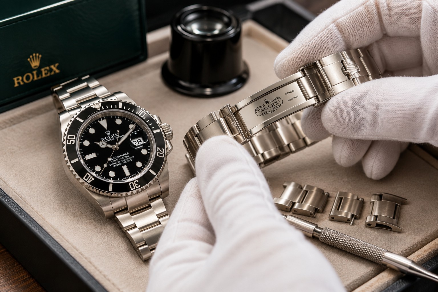 Rolex bracelet clasp and extra links inspected during professional appraisal