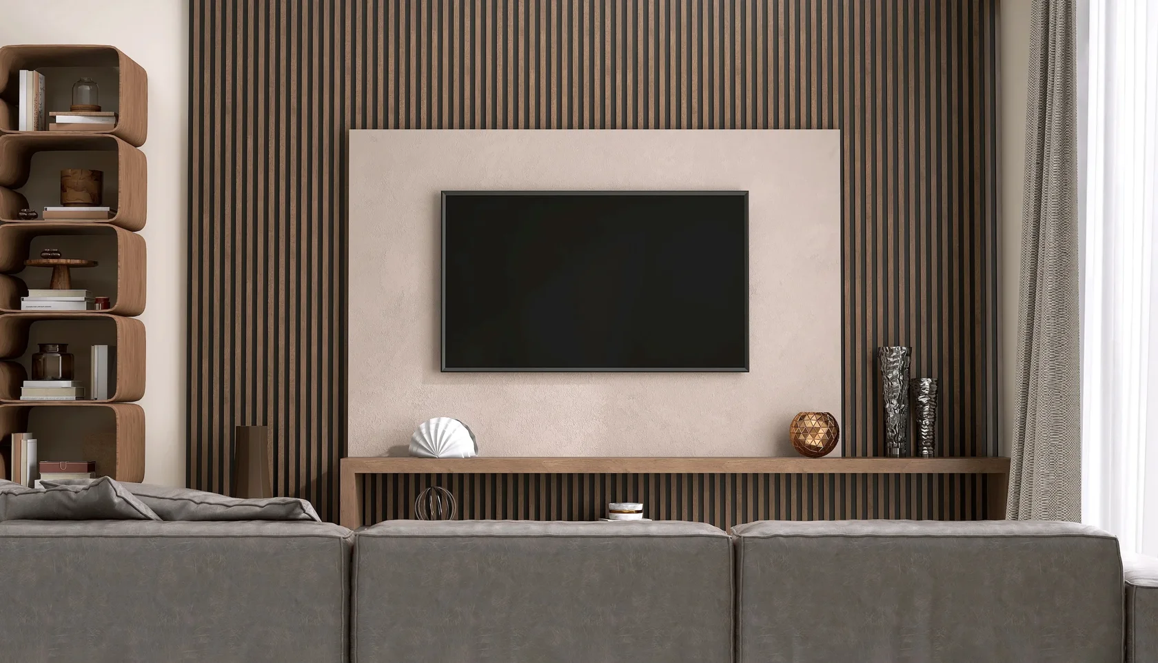 Luxury living room with TV integrated into custom wood wall
