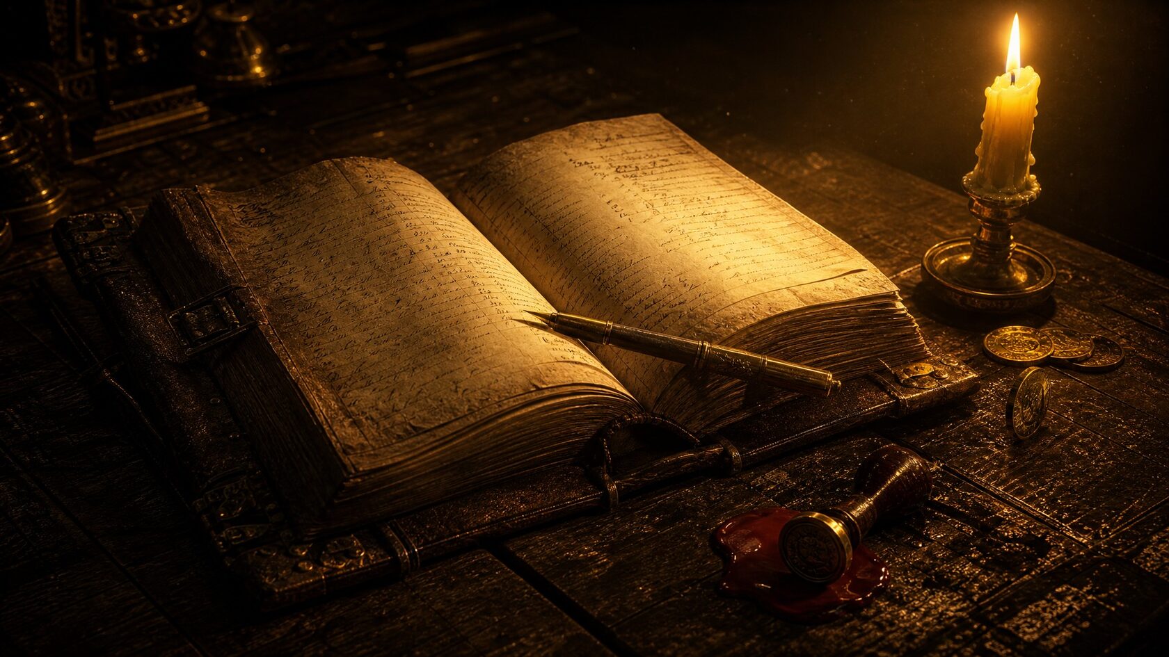 Старинная учётная книга, открытая на столе, рядом перо, монеты, свеча и восковая печать