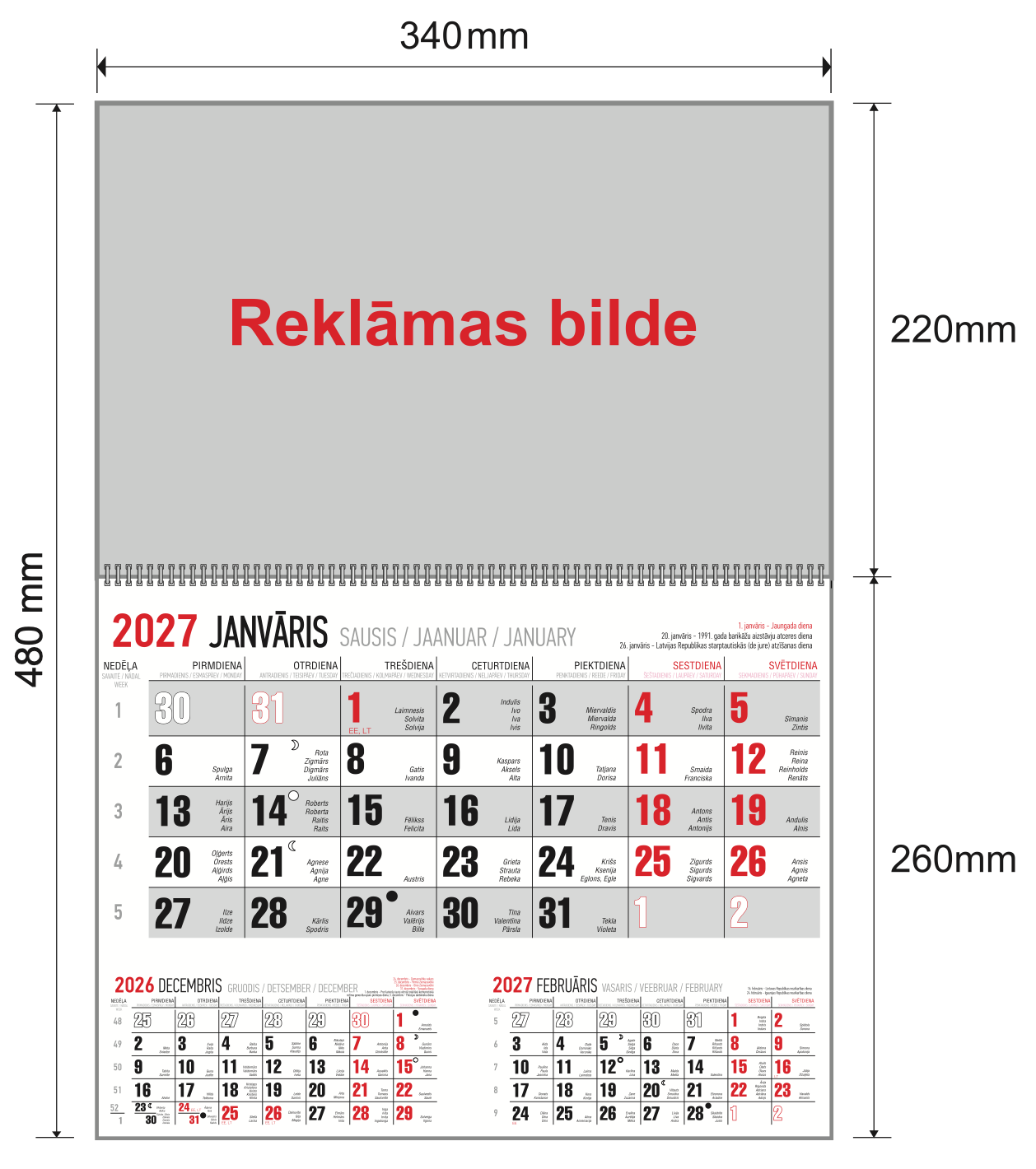 Схема календаря COMPACT-X: 340 × 480 мм