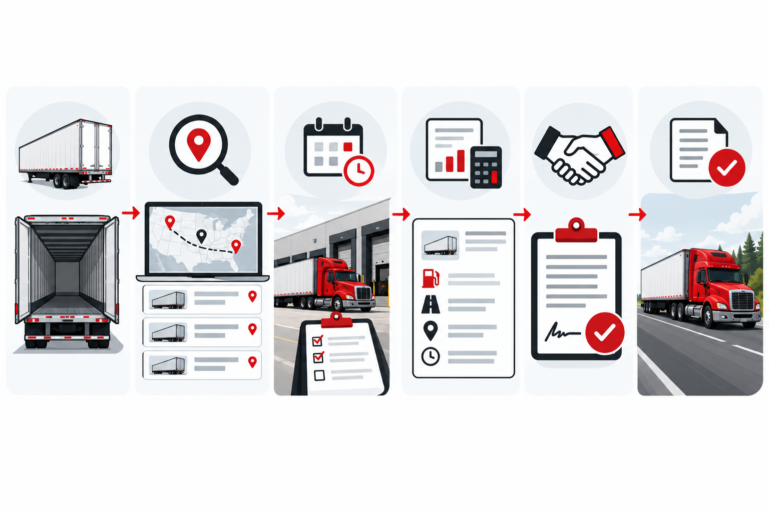 Dry-van dispatch flow from equipment profile to search, appointment check, economics, booking and closeout