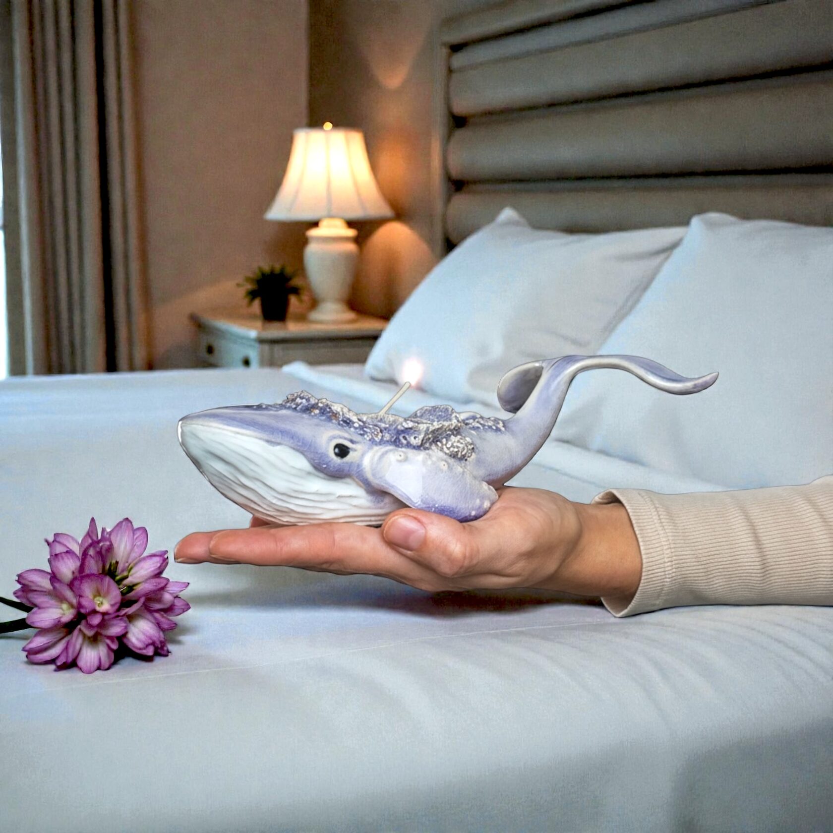 Artisan lavender-pearl ceramic whale candle holder, handmade decorative candle figurine
