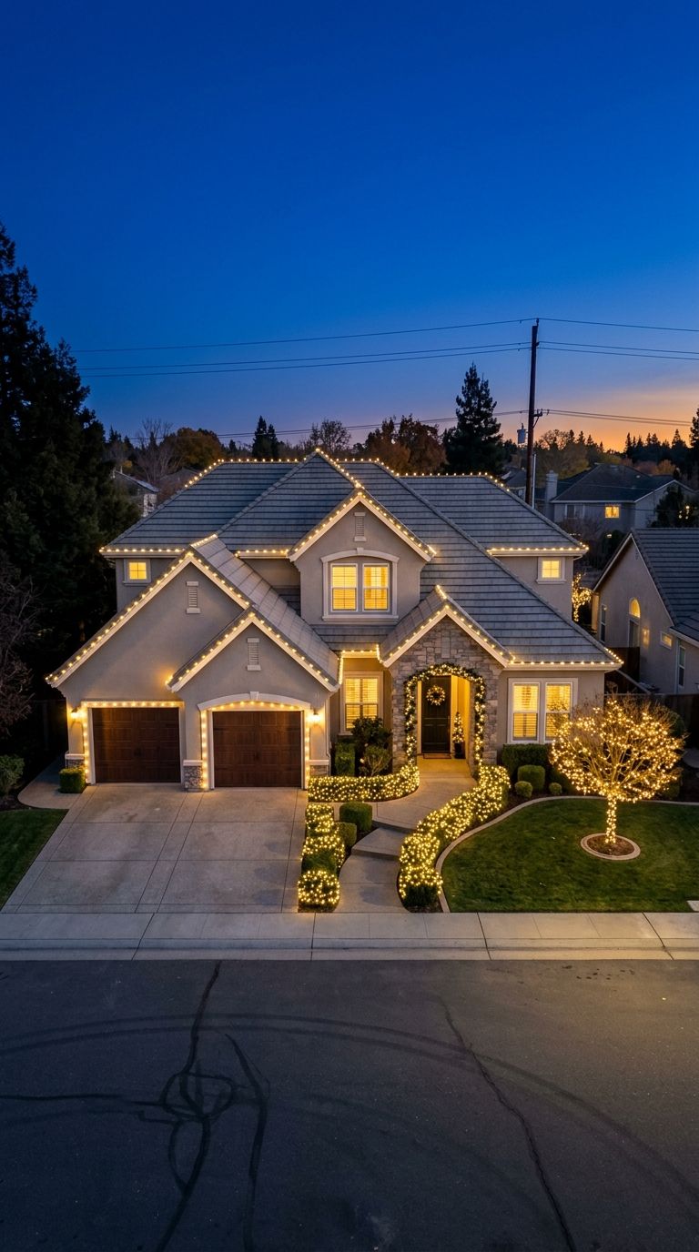 Illustration of a two-story Sacramento-style home outlined in warm white Christmas lights at dusk
