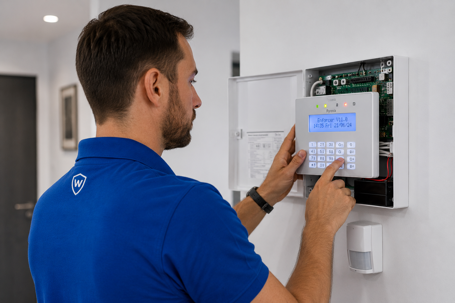 WESEC engineer professionally configuring an intruder alarm system
