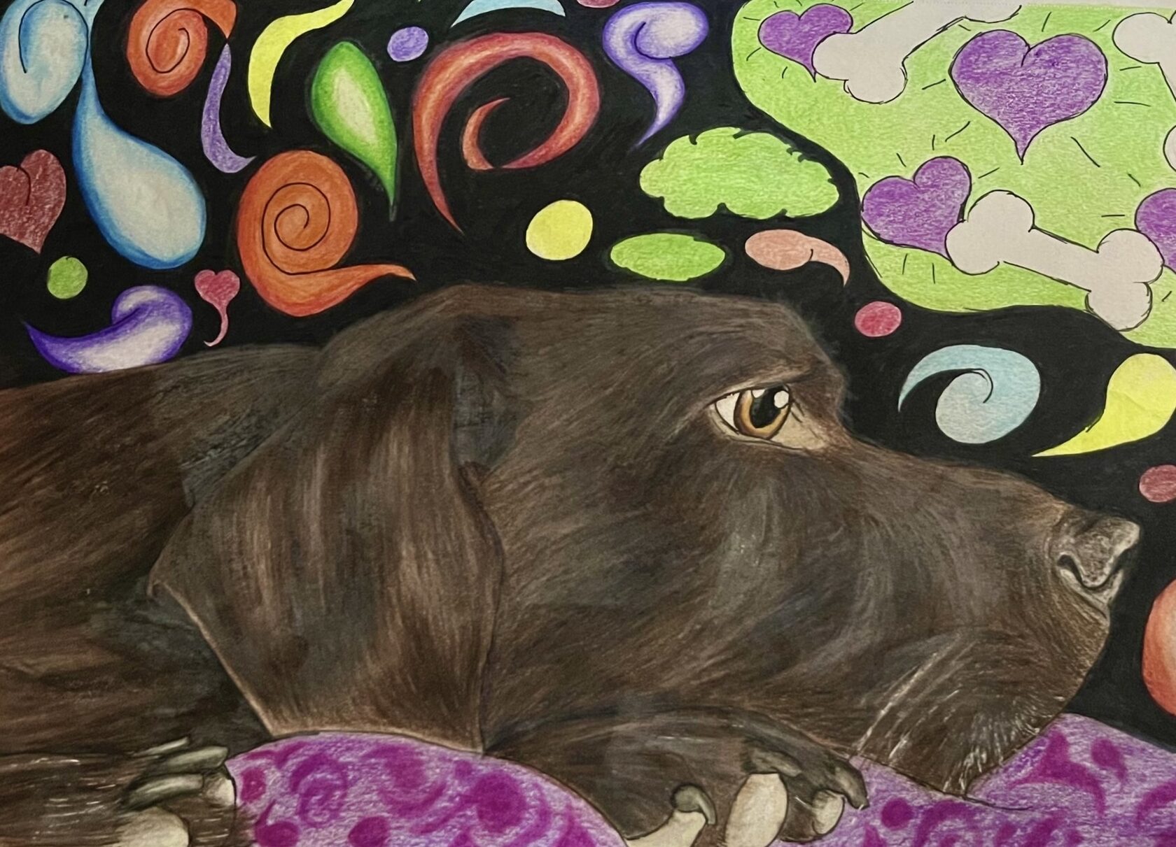 When Pain Comes, Henry Stays: a brown dog resting on a purple blanket against colorful shapes.