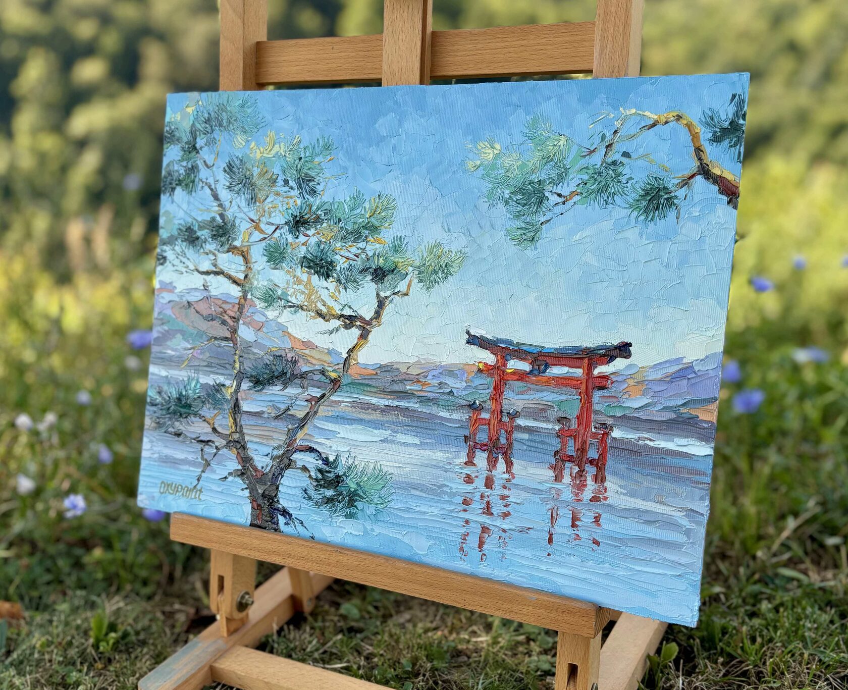 Torii oil painting, Red Japanese Gate palette knife painting, Pine Trees and Lake Engraving modern painting, contemporary artist Kravtsova Oxana Oxypoint, paintings for sale