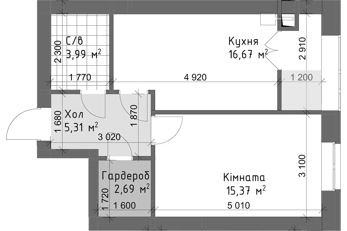 Планування 1-кімнатної квартири в ЖК Чайка Люкс — варіант 13