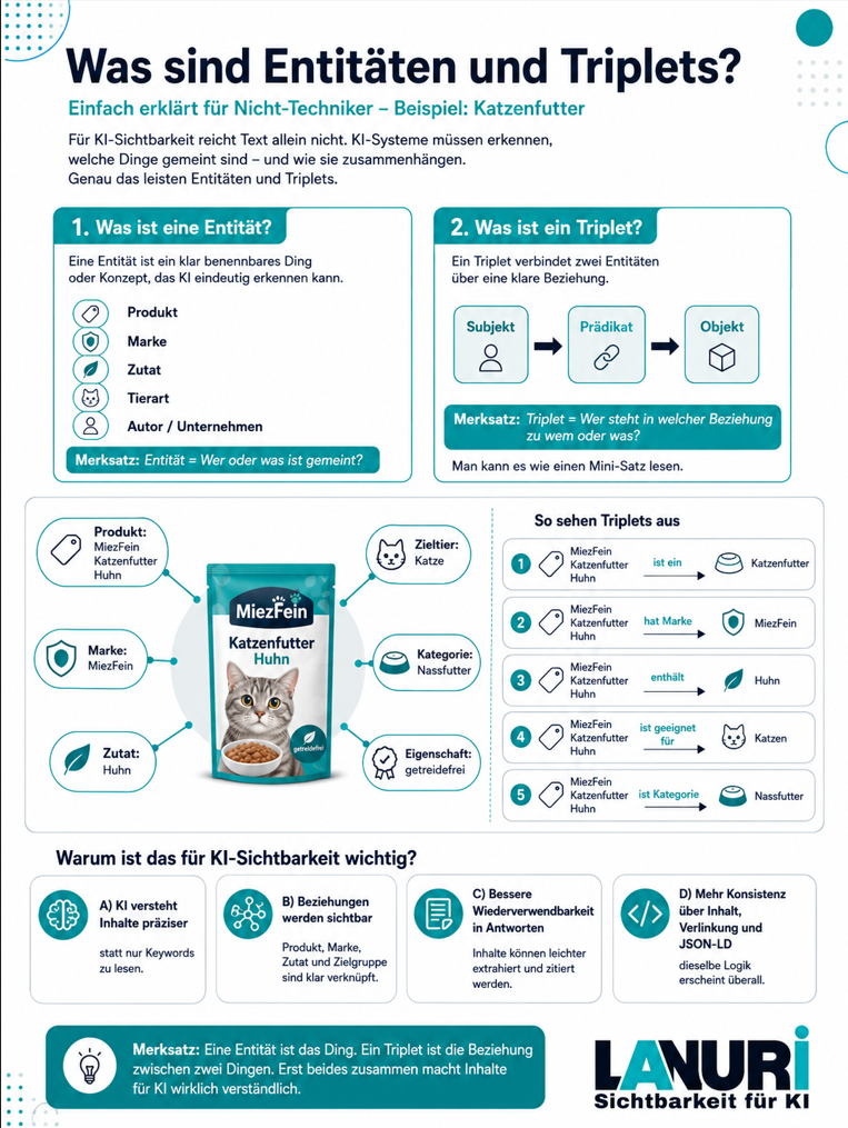 LANURI Infografik: Was sind Entitäten und Triplets? Einfach erklärt am Beispiel Katzenfutter für KI-Sichtbarkeit, Knowledge Graphs und strukturierte Daten