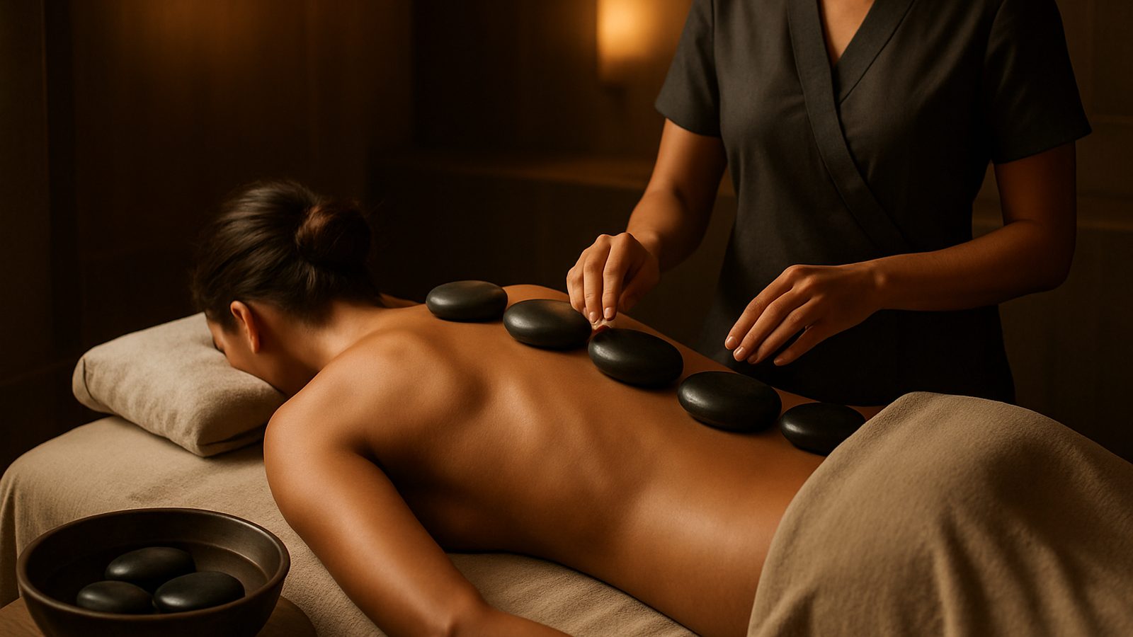 Warm basalt stones placed along the back during a hot stone massage