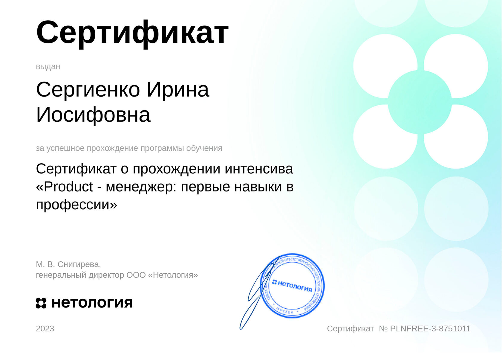Сертификат Product - менеджер, Нетология 2023