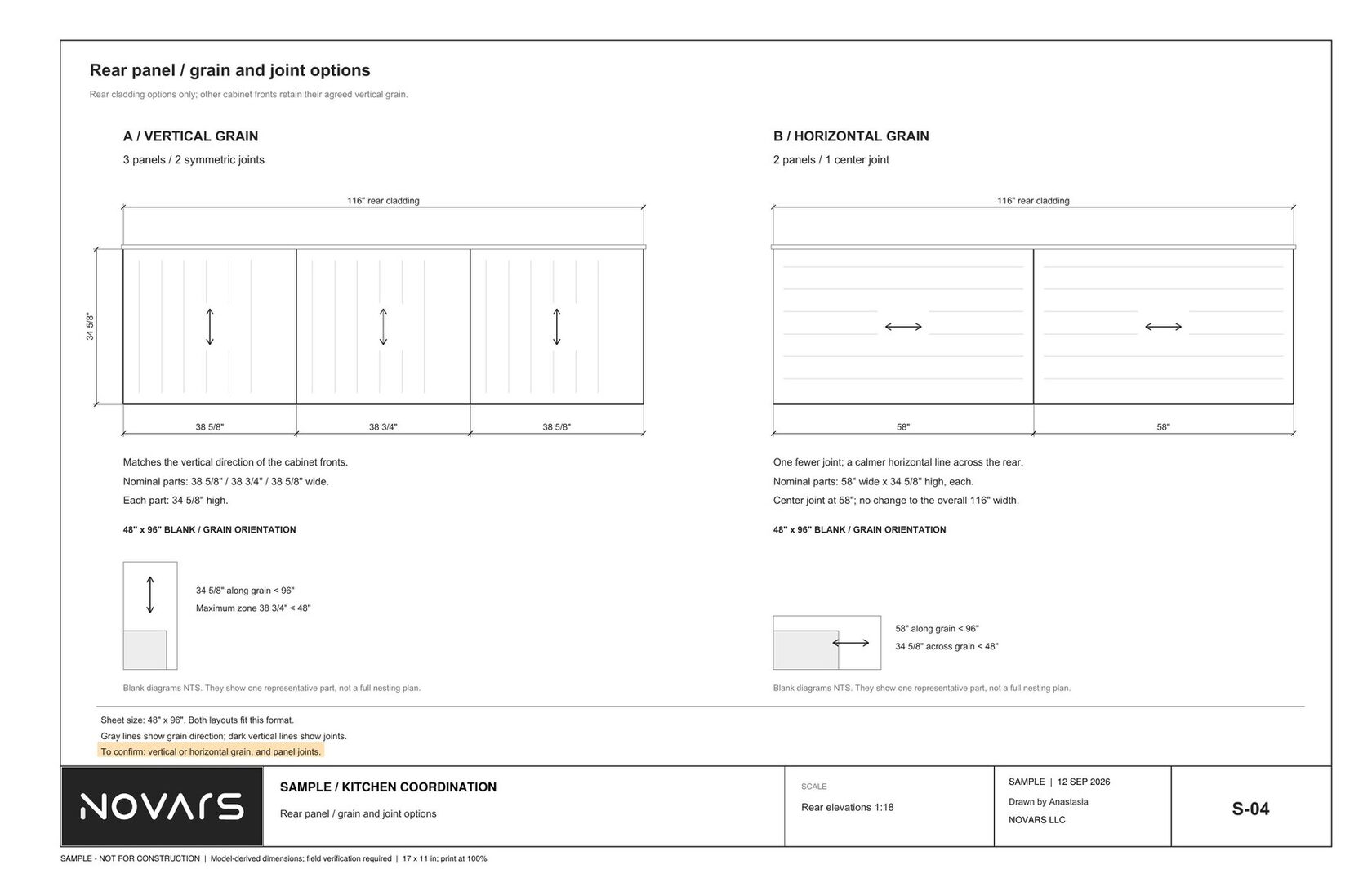 Comparison of vertical and horizontal grain options for a rear cladding panel with nominal part sizes