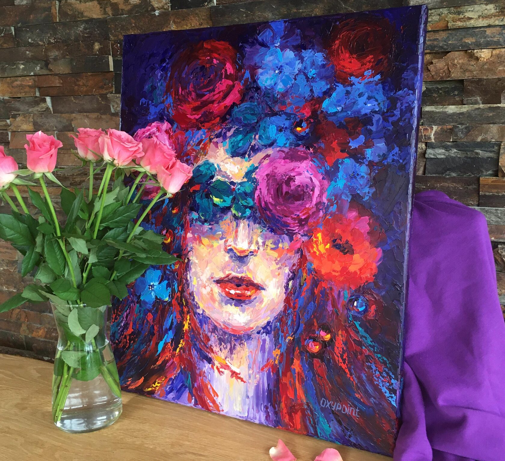 girl with flowers on her head oil painting, contemporary portrait abstract art, flower knife painting, artist OXYPOINT Oxana Kravtsova, painting for sale 