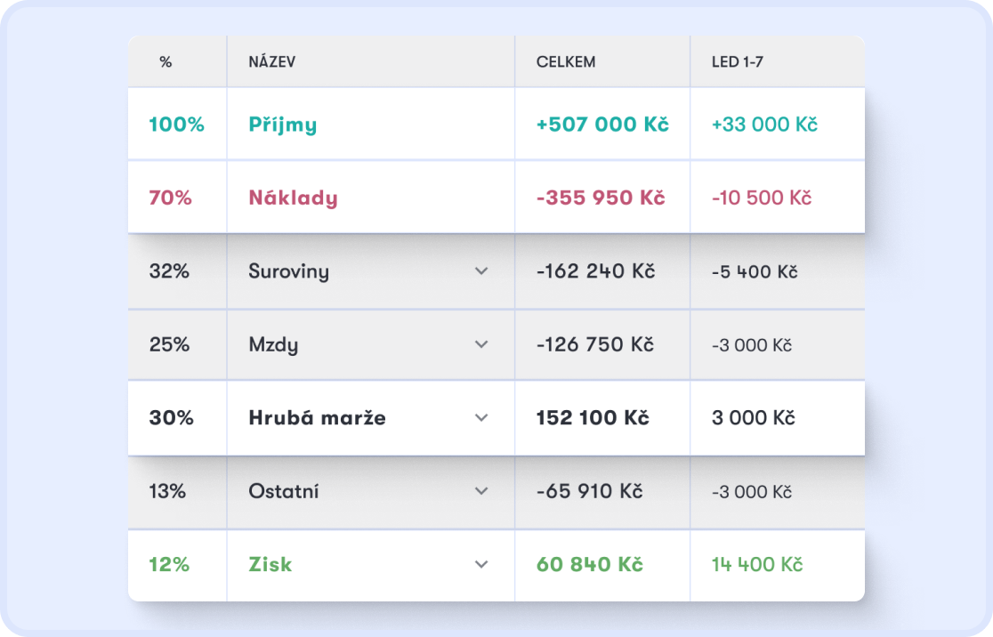 Výsledovka (P&L) v Dishboardu — příjmy, náklady, hrubá marže a zisk v Kč