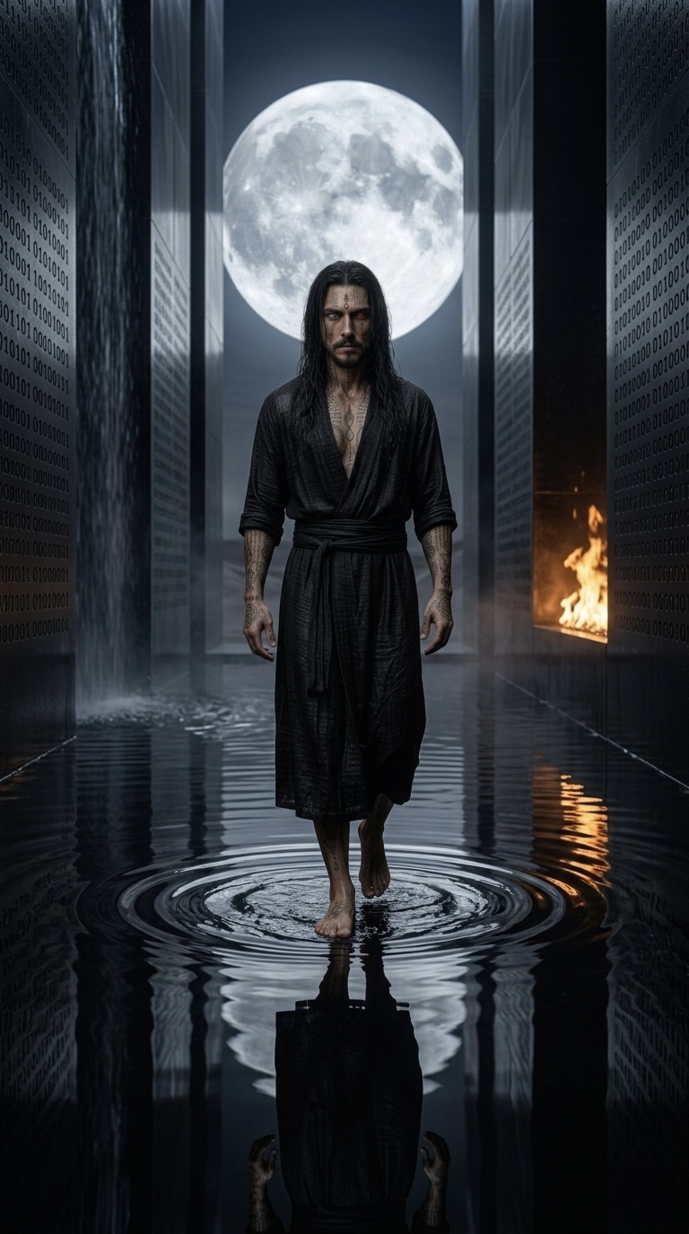 The Shaman of NEXUM walking through water beneath the moon