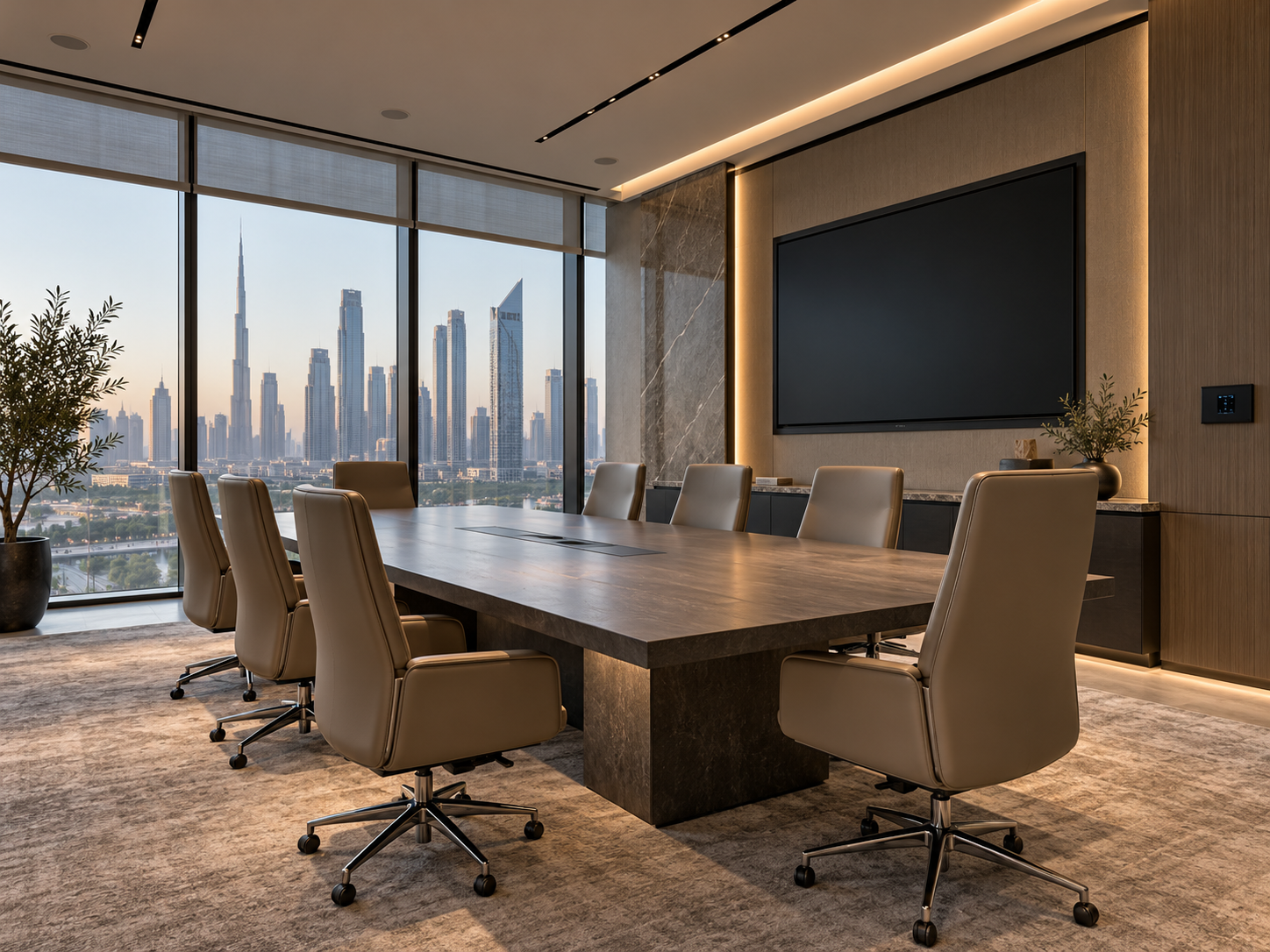 Illustrative Dubai office meeting room with integrated lighting and AV