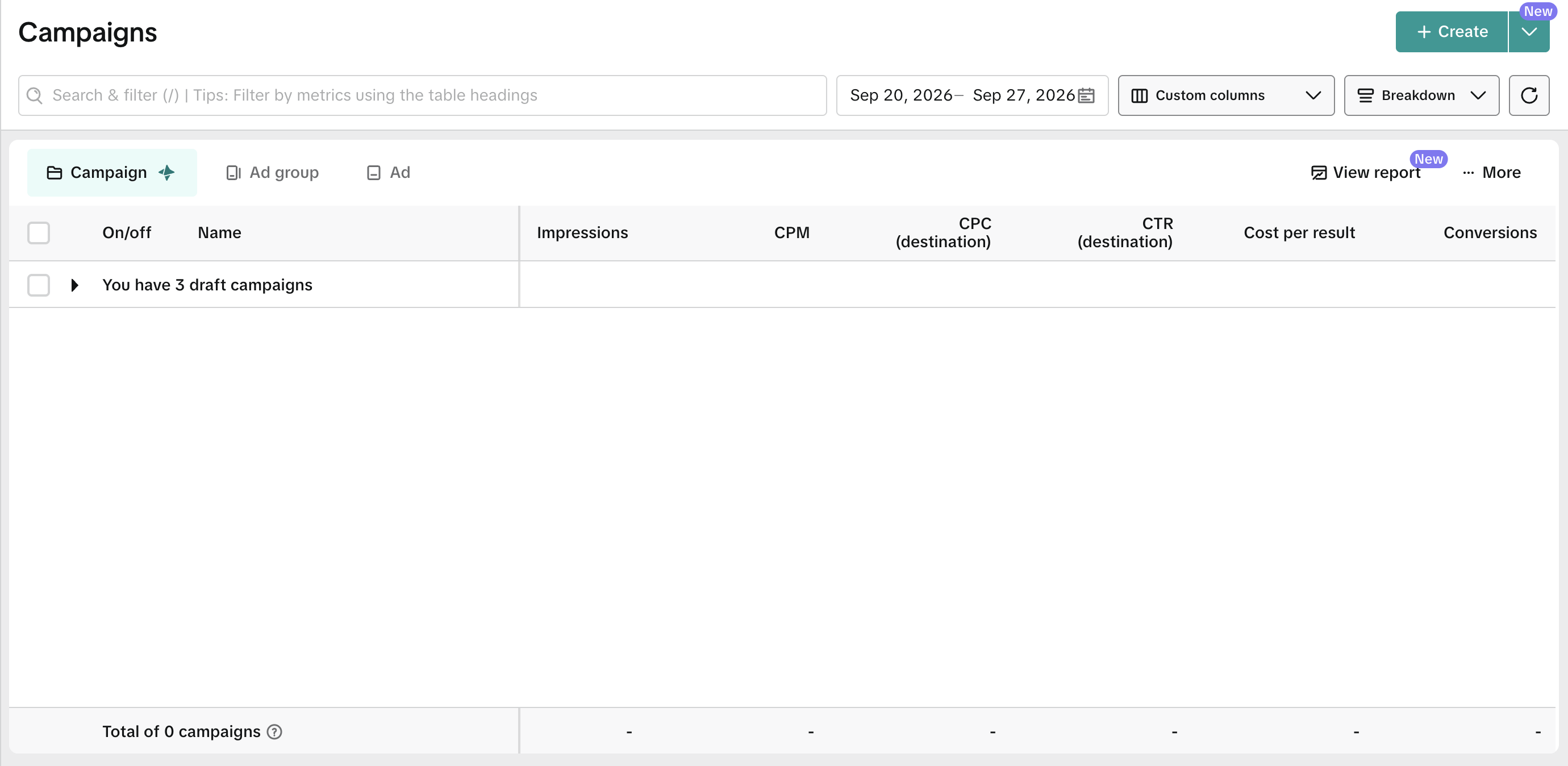 Колонки CPM, CPC (destination) и CTR (destination) в отчете TikTok Ads Manager