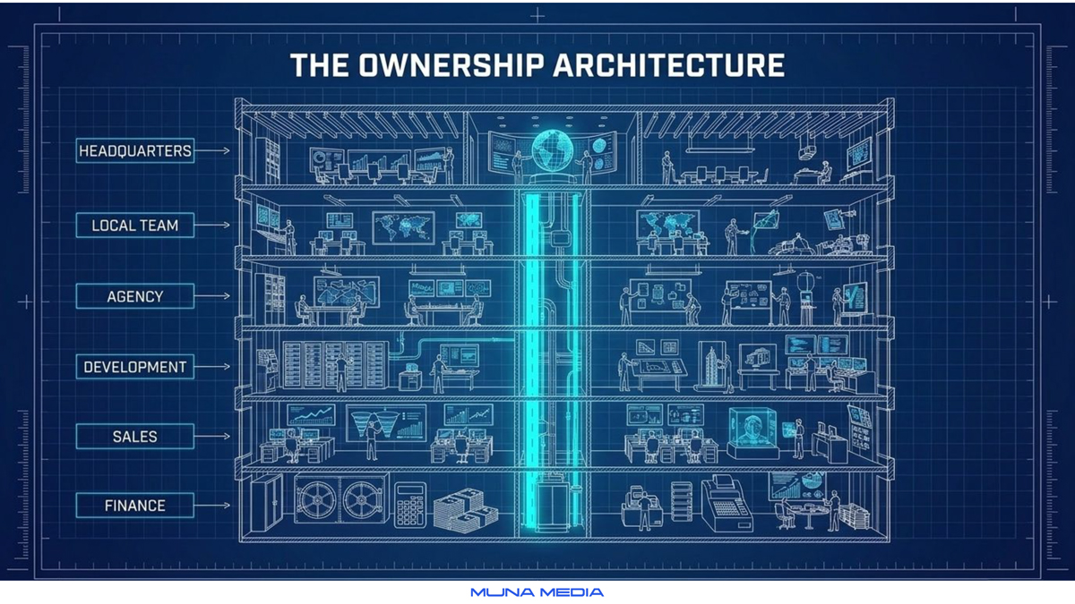 The ownership architecture: headquarters, local team, agency, development, sales and finance roles in campaign data control — Muna Media
