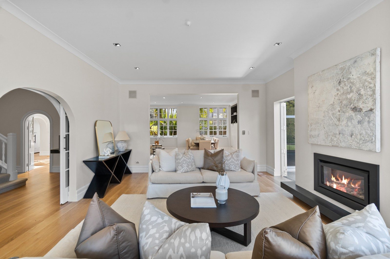 Light-filled Owens Road living room with restored American oak flooring