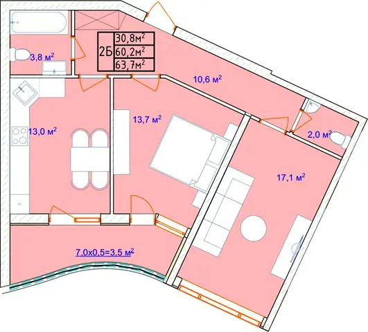 Планування 2-кімнатної квартири в ЖК Aqua Marine — варіант 4