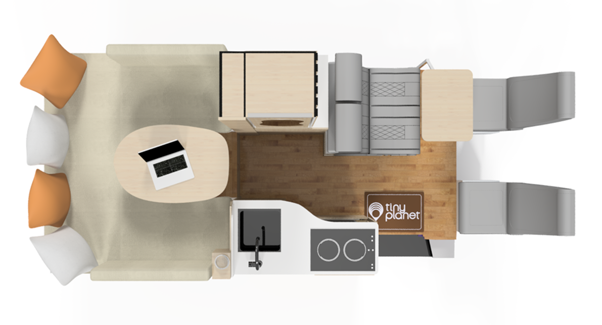 Pulsar Crew layout floor plan: a convertible rear lounge with garage storage below, a closet, a kitchen along the aisle and a second-row seat at the front.