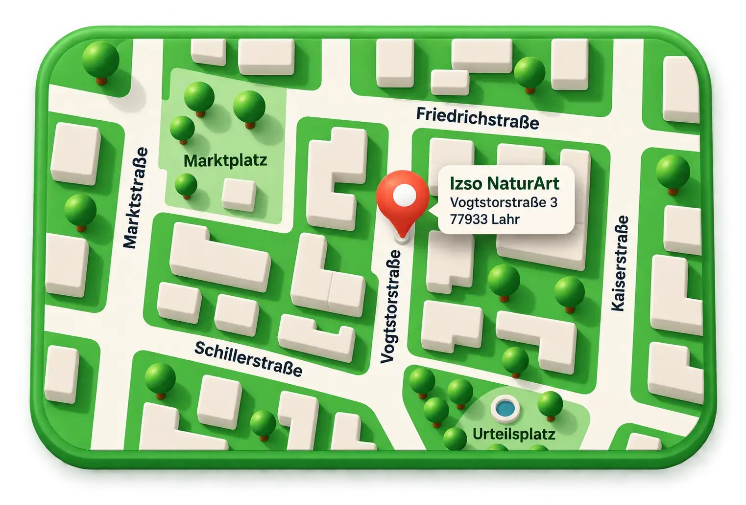 Illustrierte Standortkarte von IZSO NaturArt in der Vogtstorstraße 3, 77933 Lahr, mit Marktplatz, Friedrichstraße und Urteilsplatz