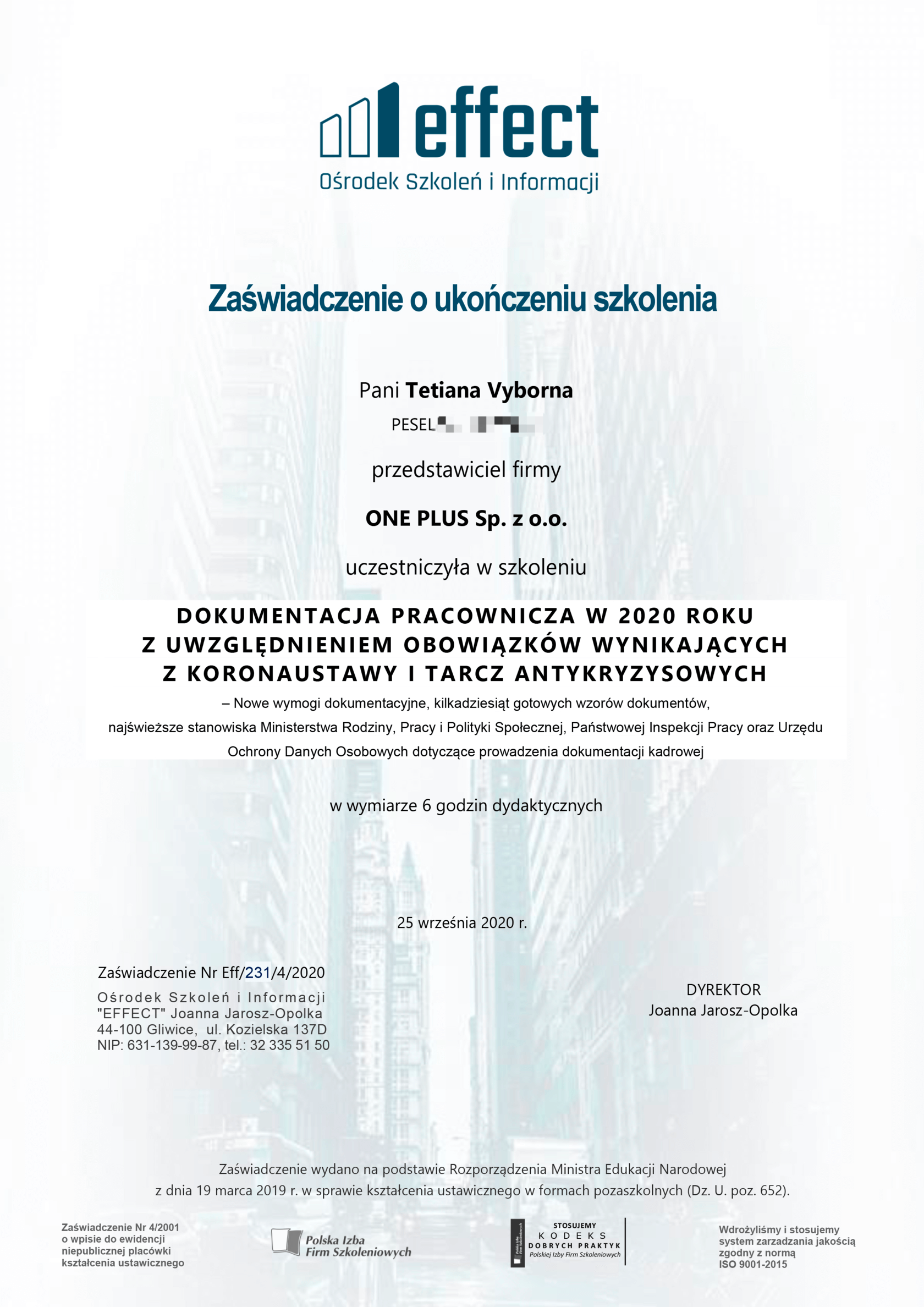 Certyfikat ONE PLUS Sp. z o.o. - Tetiana Vyborna