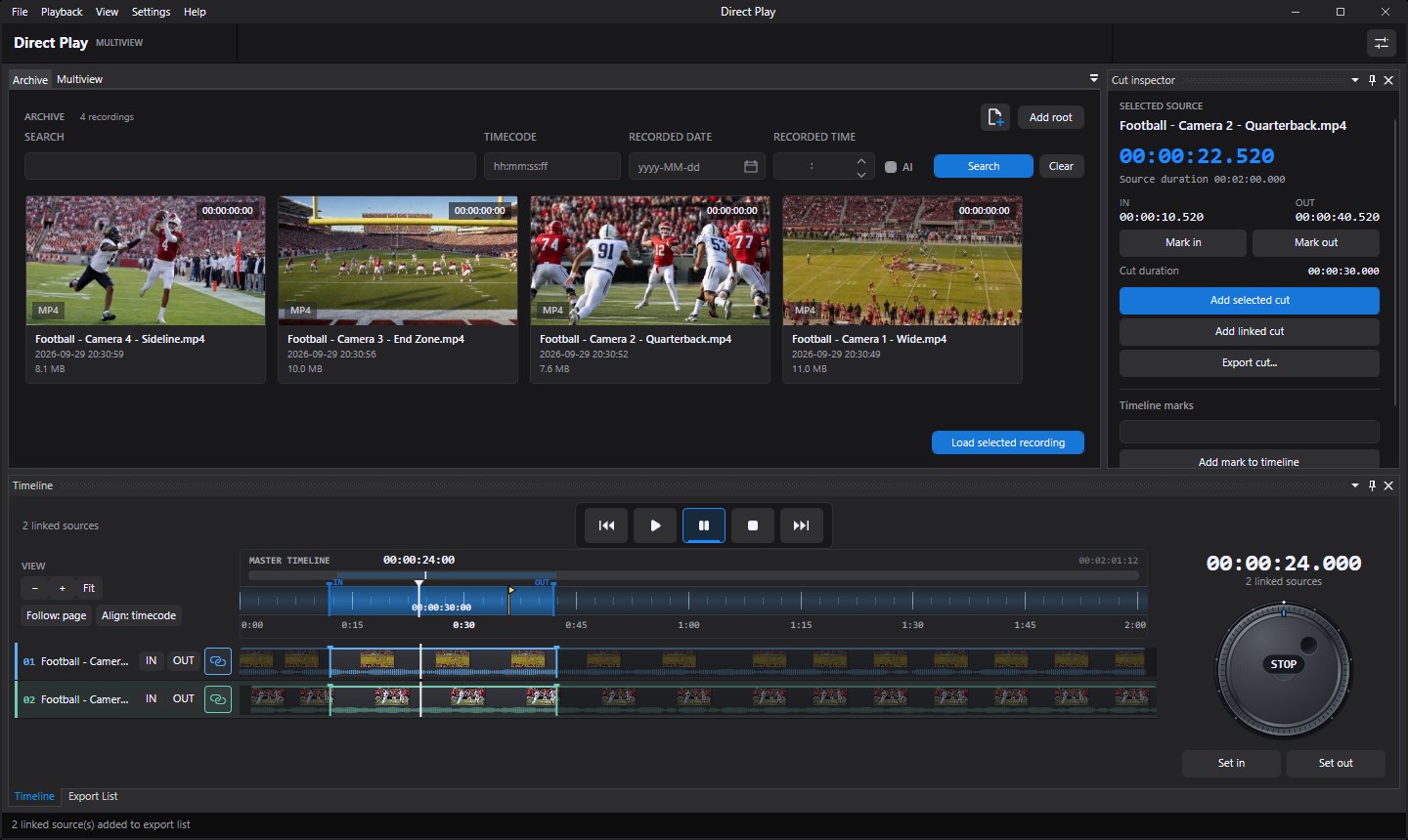 Direct Play archive with search filters and recording cards