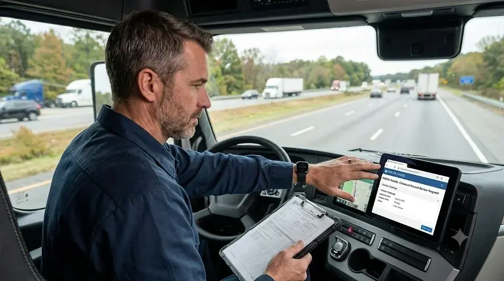 Commercial vehicle inspection and FMCSA DataQs safety record review process