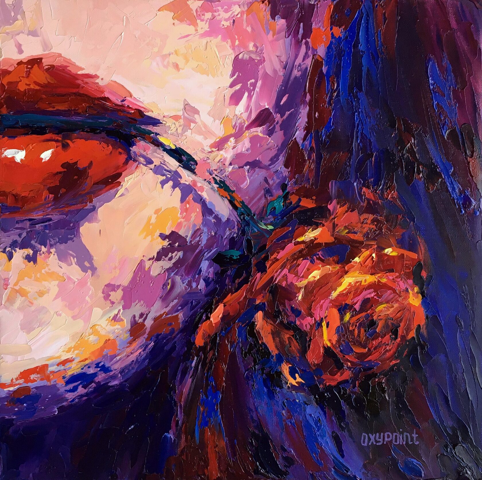 Red lips oil painting, contemporary portrait abstract art, flower rose in teeth knife painting, artist OXYPOINT Oxana Kravtsova, painting for sale 