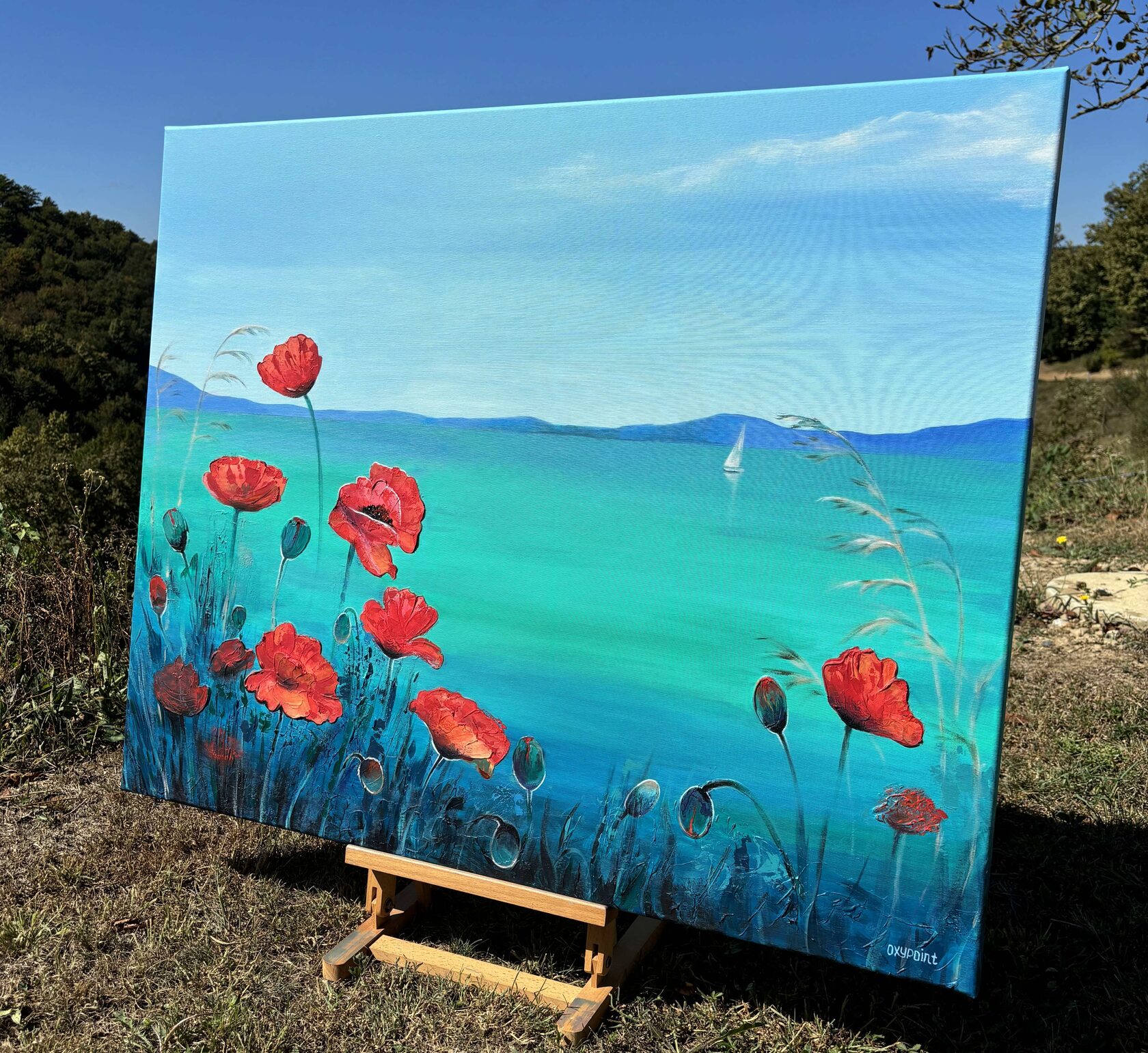 Acrylic painting Poppy, Poppies, White Sails, mixed media Turquoise Sea, large wall art for sale, buy art from artist, buy original paintings, Sea boats, seascape, stones in the sea, painting for sale Oxana Kravtsova Oxypoint