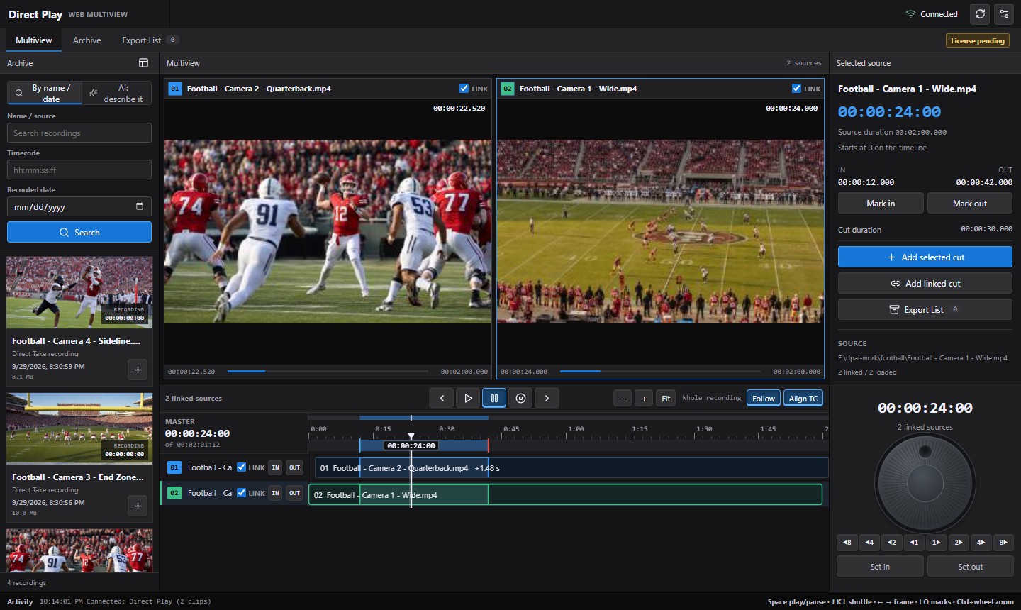 Direct Play web dashboard with camera previews and playback controls