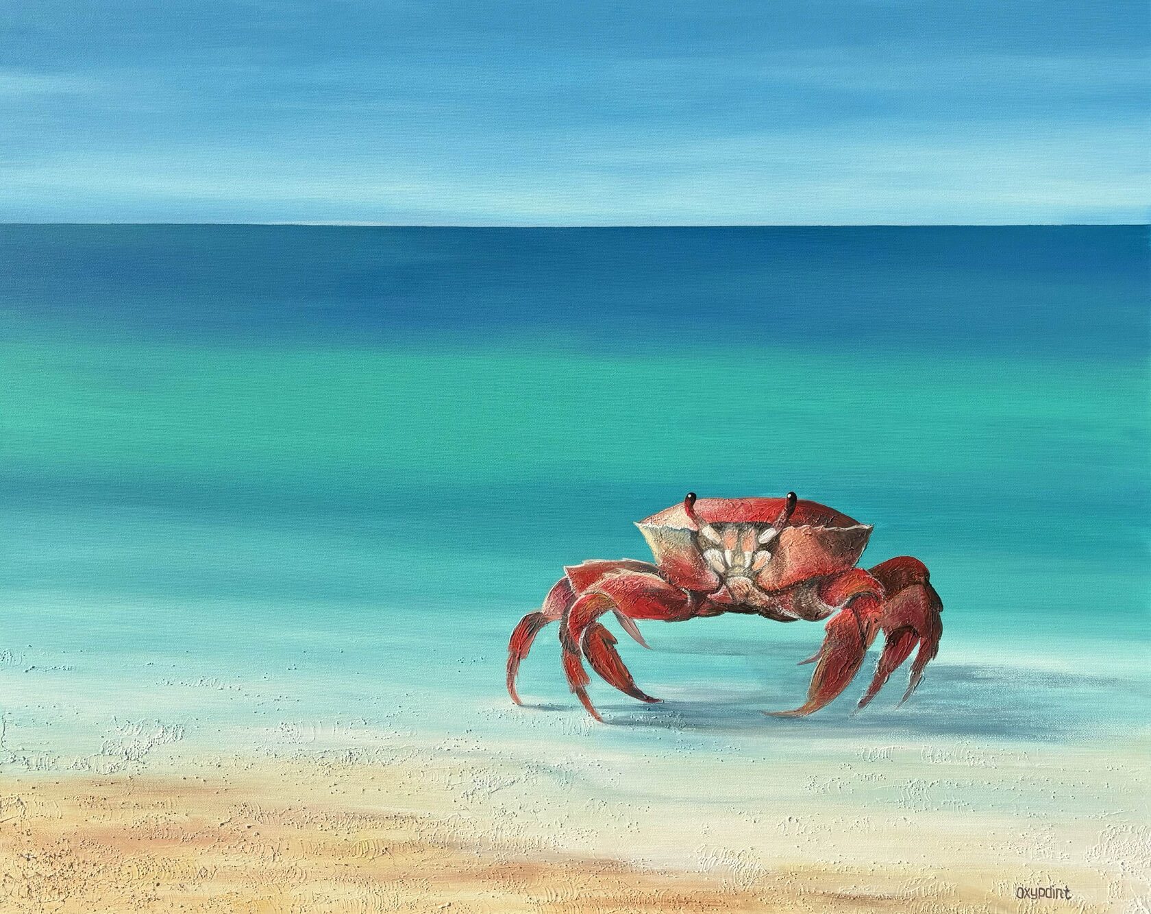 Acrylic painting crab, mixed media, sea sand texture, solitary crab, turquoise sea, waves, large wall art for sale, buy art from artist, buy original paintings, seascape, painting for sale Oxana Kravtsova Oxypoint