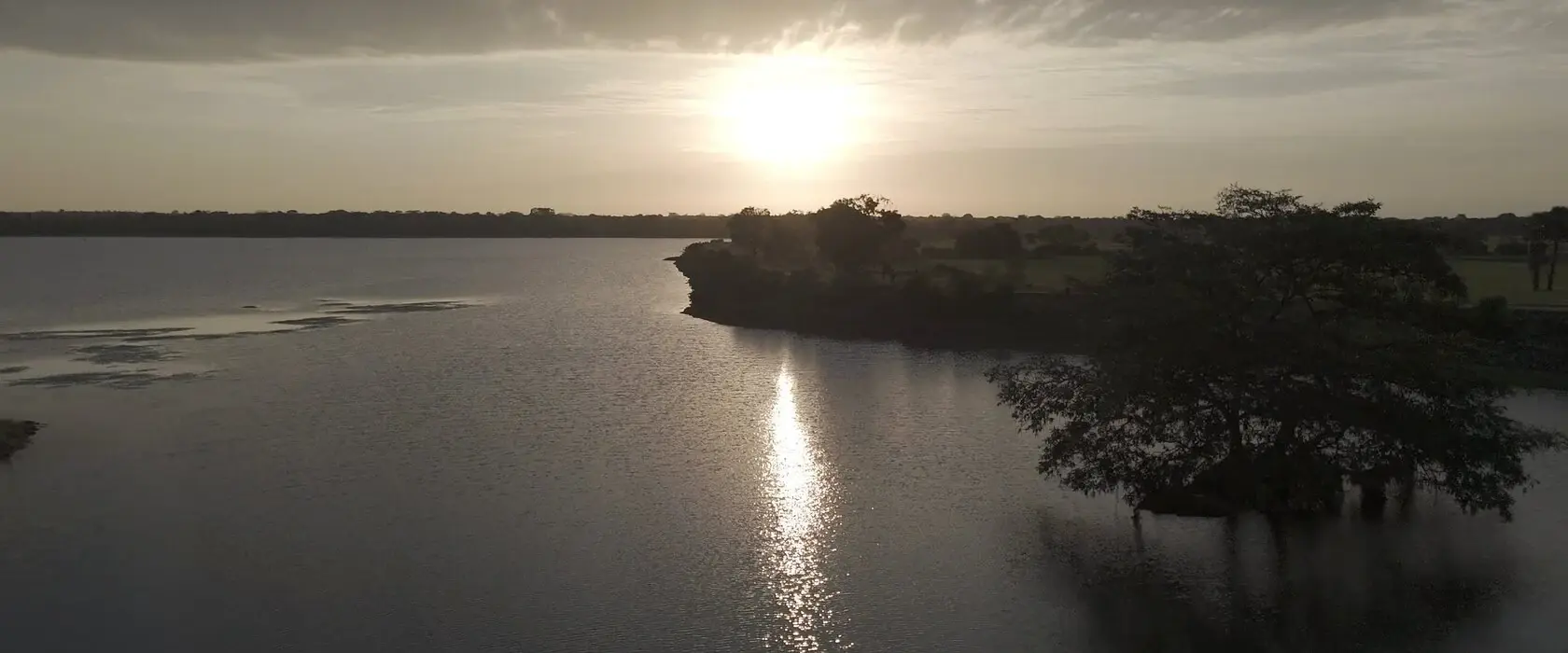 The tank at Punanai at low sun, trees standing in the shallows.