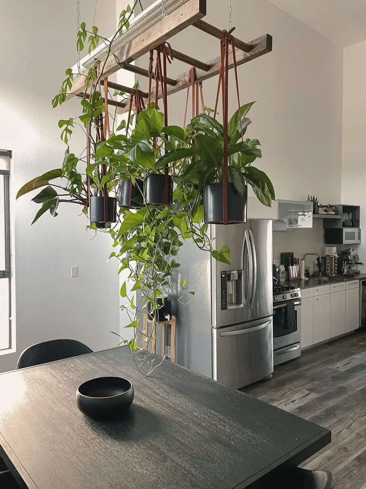 Trailing plants hanging from a suspended rack over a loft dining table